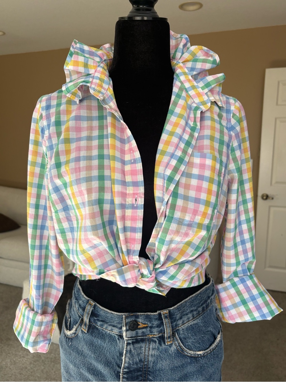 Reworked J.Crew Plaid Ruffle-Collar Shirt - Women’s Pink/Blue/Yellow Size L